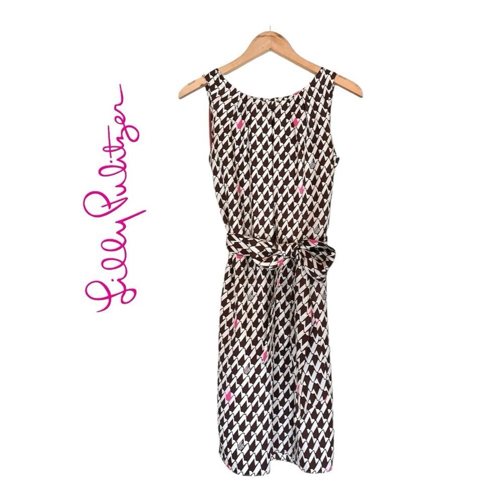Lilly Pulitzer Sleeveless Brown / Pink Geometric Print Silk Dress With Pockets 4